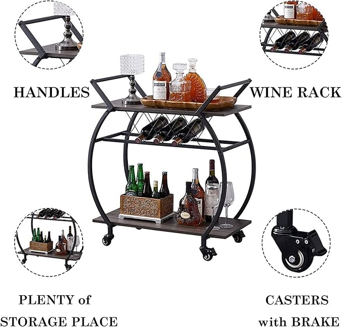 LVB Bar Cart with Wine Rack, 2 Tier Kitchen Cart on Wheels, Industrial Wood and Metal Portable Coffee Cart Table for Home, Rustic Modern Mobile Rustic Rolling Serving Cart with Shelves, Dark Oak