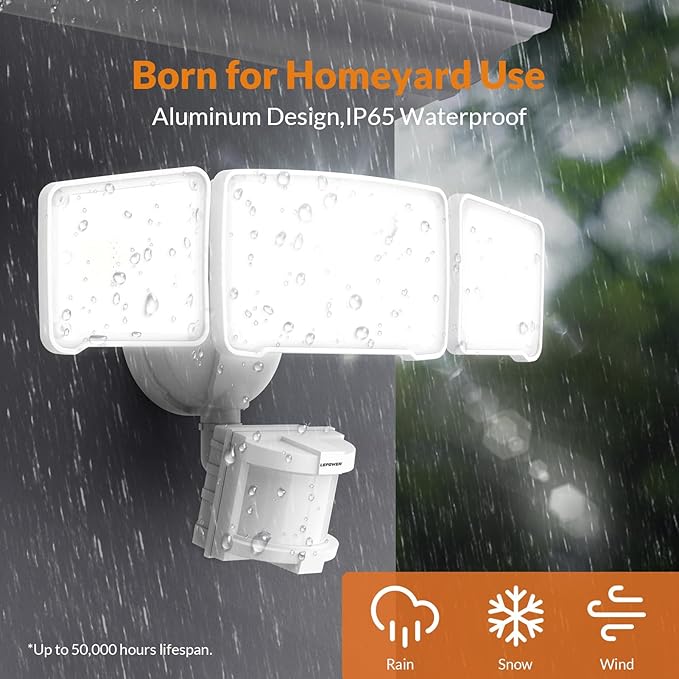 LEPOWER LED Security Lights Motion Sensor Light Outdoor, 38W 4200LM Light, 5500K, IP65 Waterproof, 3 Head Detected Flood Light for Garage, Yard, Porch (White)