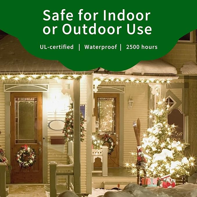 Ultra-Bright Connects End to End Warm White Christmas Mini Light 300L 63.8Ft(2Sets-Each 150L)UL Listed Incandescent Bulb String Light for Indoor Outdoor Holiday Garden Christmas Tree Decor