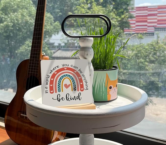 Primitive Wooden Sign - 'In A World Where You Can Be Anything Be Kind' - Desk Plaque with Stand - 4 x 4.3 inches - Rainbow Color - Farmhouse & Bedroom Decor
