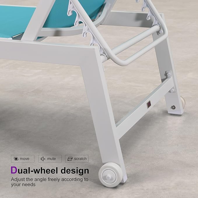 PURPLE LEAF Lounge Chair Outdoor Set of 4 White Aluminum Lounge Chairs with Wheels and Table Outdoor Chaise Lounge for Patio Pool Yard, Turquoise