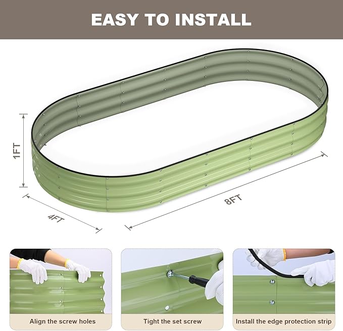 Raised Garden Bed, 8x4x1ft Galvanized Outdoor Planter Beds with Safety Edging and Gloves, Oval Metal Planter Box for Gardening Vegetables Flowers Herb