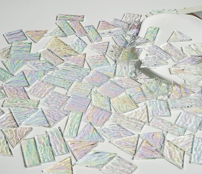 Iridescent Textured Cathedral Glass Mosaic Tiles, 200g Transparent Stained Glass Pieces for Mosaic Art, Pre-Cut for Handmade Crafts, Clear