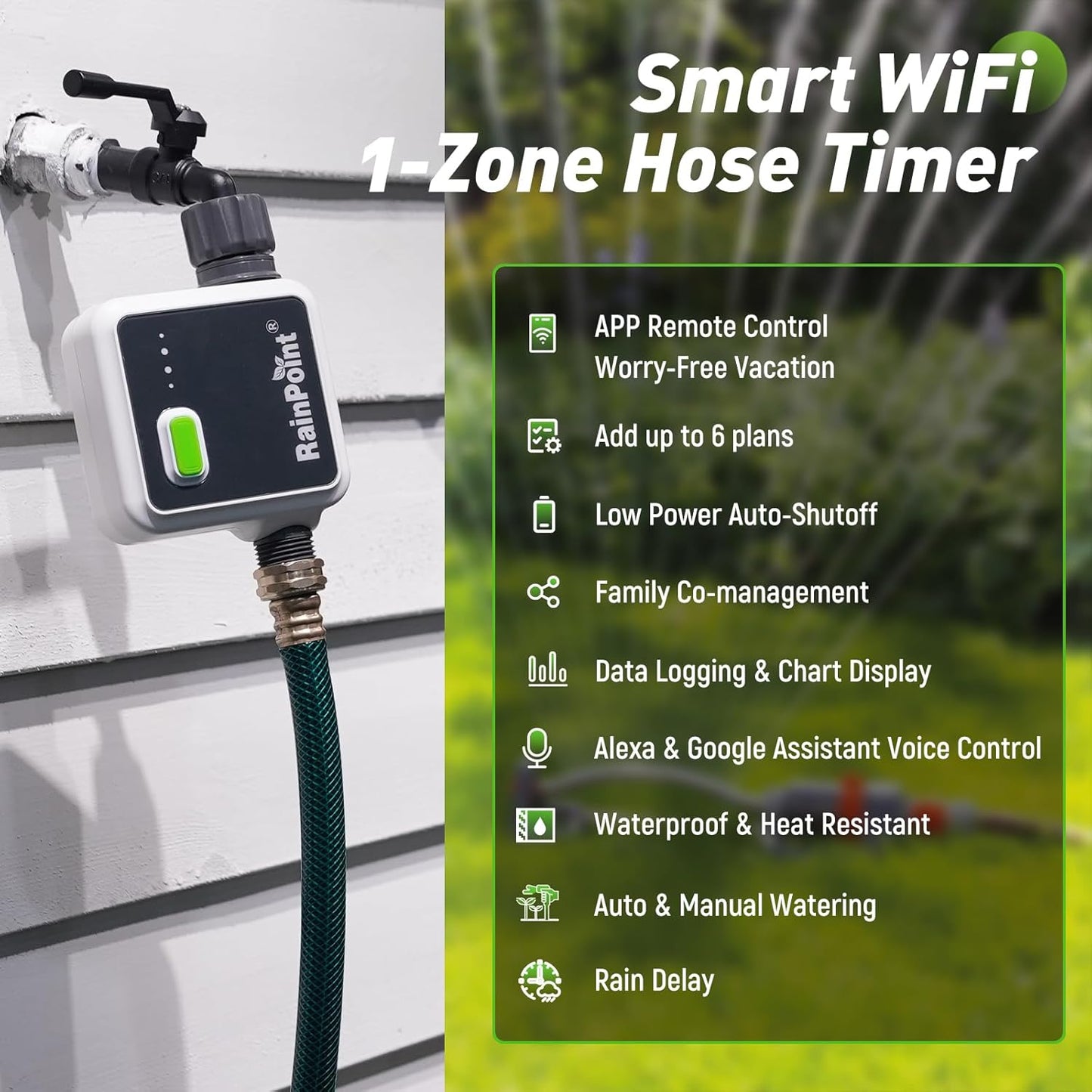 RAINPOINT 1-Zone Wireless Smart Water Timer for Garden Hose with Hub Outdoor Sprinkler Irrigation Rain Delay, APP Remote Control WiFi Valve for Faucet Automatic Schedules Lawn,Backyard,Pool