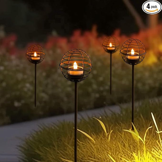 Solar Pathway Lights Outdoor, Rust Iron Ball Candle Holder Stake with Flickering Solar Powered Tea Lights, Perfect Decorative Garden Lighting for Yard Lawn Patio Landscape Decor Outside-4Pack