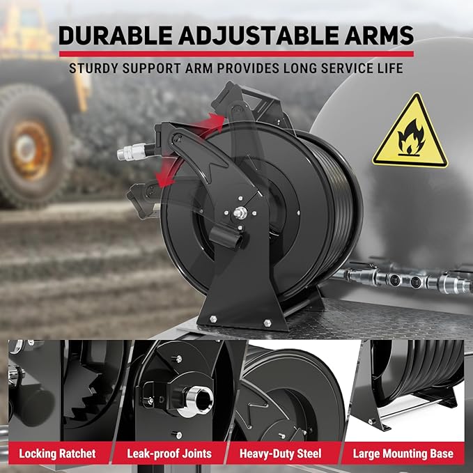 Retractable Fuel Hose Reel with Refueling Nozzle 1" x 50ft Spring Driven Diesel Hose Reel 300 PSI Industrial Auto Swivel Heavy Duty Steel Construction Reel for Ship Vehicle Tank Truck, Black