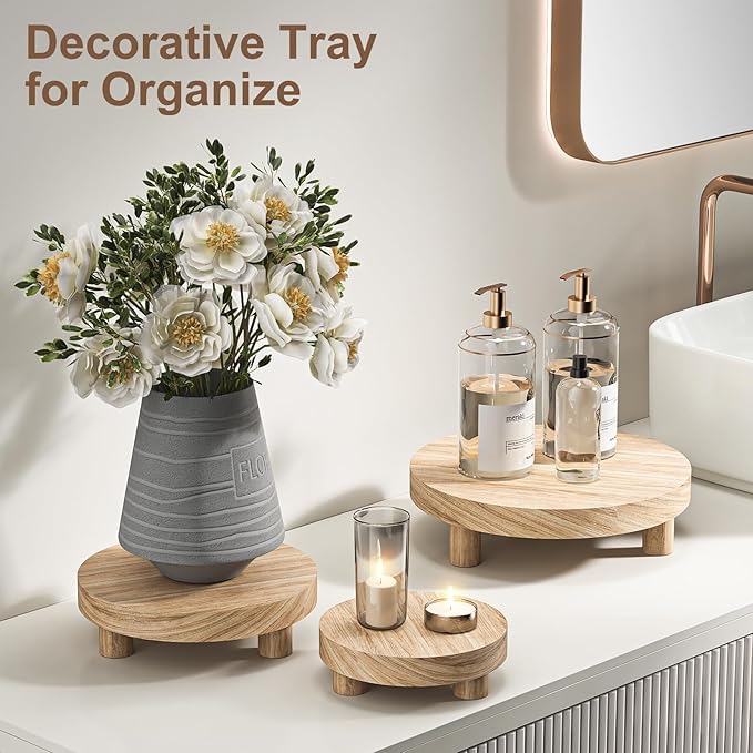 3 Pcs Wood Plant Stand Indoor Outdoor, Round Wood Riser for Decor 6/8/10" Wooden Stool Display Stand Flower Pot Holder Small Planter Tray Modern Potter Decorative (Rustic Grey)