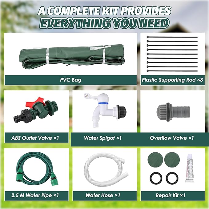 LANUEVA 100 Gallon Collapsible Rain Barrel, Rainwater Collection System with 2 Spigots, Overflow Kit and 2 Hoses, Portable Water Storage Tank with Scale Mark for Garden Plant Watering, Farm Irrigation