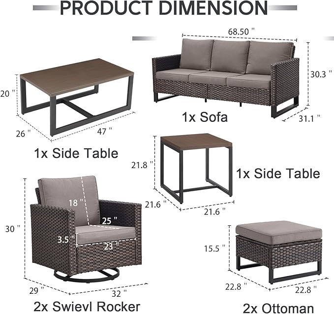 7 Piece Wicker Patio Furniture Set - Outdoor Swivel Rocker Chairs Set with Coffee Table, Side Table, 3 Seat Sofa & Ottomans, Small Patio Conversation Sets for Balcony Deck - Brown/Grey