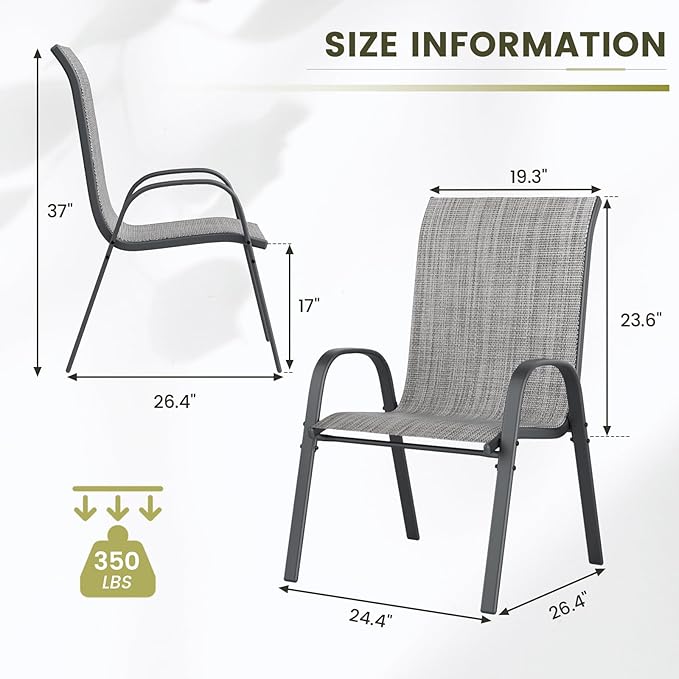 UDPATIO Patio Chairs Set of 6, Stackable Outdoor Dining Chairs with High Back, Breathable Textilene Fabric Outdoor Chair All Weather, 350LBS Capacity for Garden, Backyard (Light Grey)