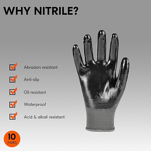 Vgo... 10-Pairs Safety Work Gloves, Gardening Gloves, Non-slip Nitrile coating, Dipping Gloves (Size M, Gray, NT2110)