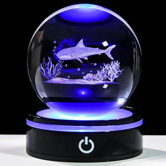 YWHL 3D Shark Figurine Crystal Ball with Colorful Light Base, Shark Gifts for Women Men Shark Lovers on Christmas Birthday, 3D Laser Engraved Shark Sphere Glass Ball for Home Office Decoration (80mm)