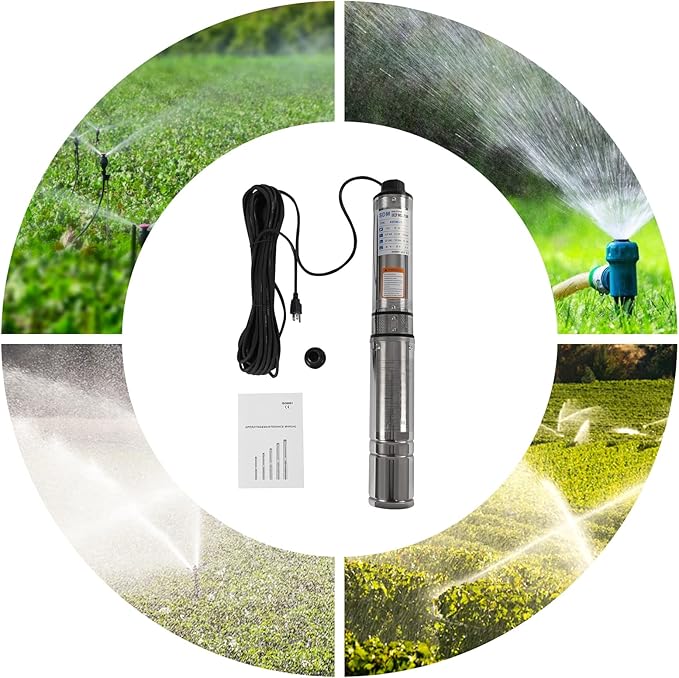 Deep Well Submersible Pump 110V 370W Electric Solar Powered Water Pump, 16 GPM Flow, 157ft Lift, Farm Ranch Irrigation Submersible Bore Hole Deep Well Pump 3420 RPM