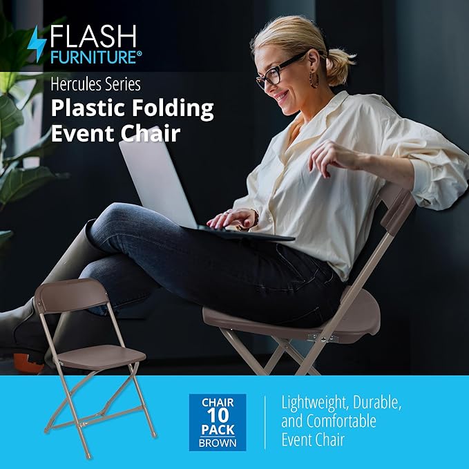 Flash Furniture Hercules Series Plastic Folding Chair Brown - 10 Pack 650LB Weight Capacity Comfortable Event Chair-Lightweight Folding Chair