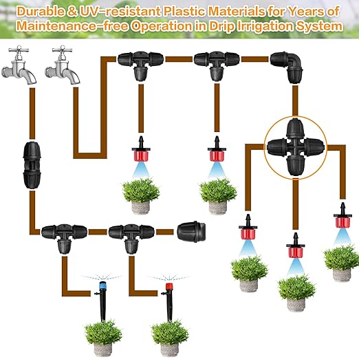 Upgraded 1/4" Drip Irrigation Cross Fittings：24 Pieces Leak Free Lock Barbed 4 Way Tee Connectors for 1/4 Inch Irrigation Tubing Quick Connect Parts for Garden Landscape System