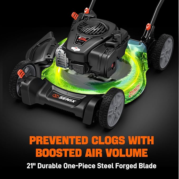 SENIX LSPG-M3 21-Inch Gas Push Lawn Mower with 125 cc 4-Cycle Briggs & Stratton Engine, 2-in-1,Mulching and Side Discharge, 6-Position Dual Lever Height Adjustment