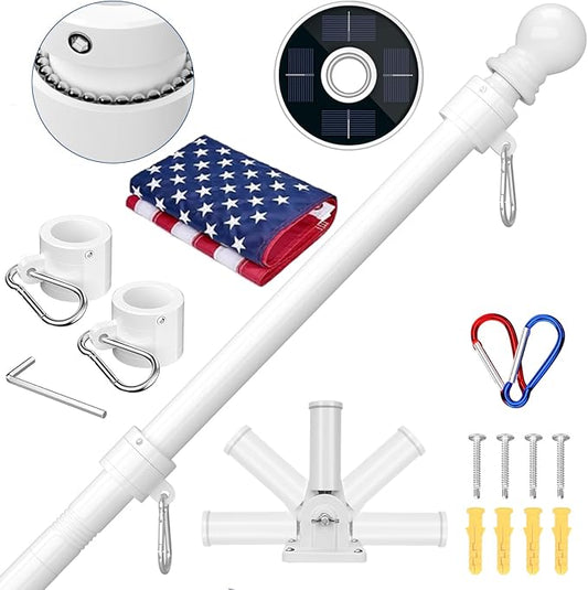 ZMTECH 6FT Flag Pole Kit with Solar Light and Proud American Flag, Adjustable Bracket and Upgraded Tangle-Free Ring 1" Stainless Steel Flagpole for Day and Night, Residential, Commercial, White