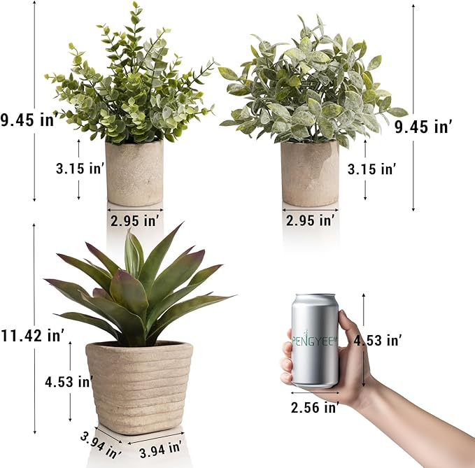 3 Pack Small Fake Plants, Artificial Agave Plants Potted for Home Decor, Faux Eucalyptus Plant Indoor for Bathroom Bedroom Kitchen Office Farmhouse Shelf Greenery Decor