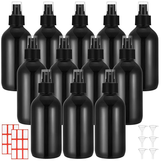 Norme 12 Pcs 8 oz Glass Spray Bottles with Funnels and Labels Refillable Cosmetic Empty Spray Bottles with Sprayer Containers for Essential Oil Cleaning Solutions(Black,Stylish)