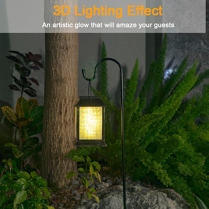 Solar Lanterns Outdoor Waterproof, 3D Hanging Solar Lights, Type-C Rechargeable LED Pathway Lights with 2 Modes (Steady & Flashing), for Garden Decor, Patio, Yard, Camping (1 Pack )
