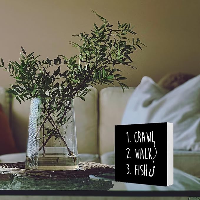 Black Crawl Walk Fish Rustic Wooden Sign, Funny Baby Fishing Wood Block Desk Decor for Home Bedroom Baby Room Shelf Table