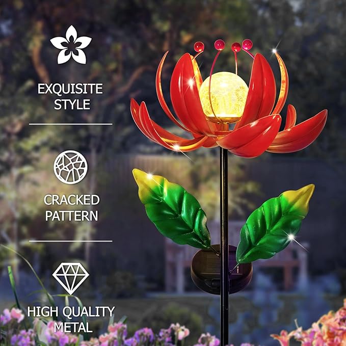 Solar Lights Outdoor Wind Spinners, Metal Lotus Flower Garden Decor with Waterproof LED Crackle Glass Globe for Patio Lawn Yard Outdoor Decor