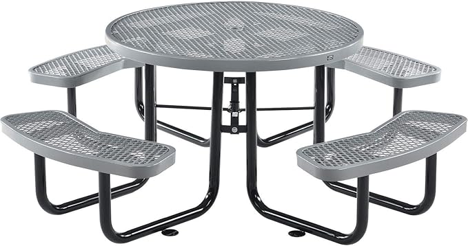 Global Industrial 46" Round Picnic Table, Expanded Metal, Gray Thermoplastic Coating, Attached Benches, 1-1/2” Umbrella Pole Hole, Outdoor-Rated, 1000 lb Capacity