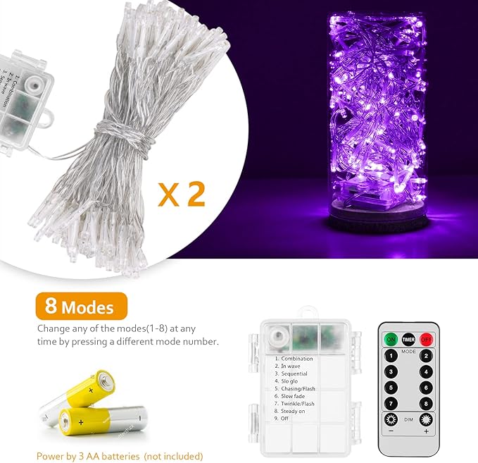 String Lights, 2 Pack Battery Operated String Lights with Remote Timer Waterproof 8 Modes String Lights for Bedroom,Garden,Party,Xmas Tree Indoor Outdoor Decorations (Purple, 16.4)
