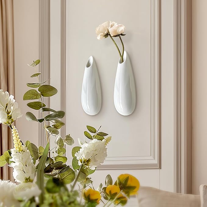 2 Pack White Ceramic Wall Vases,7.9 Inch Wall Hanging Plant Holder,Cubicle Modern Decor Plant Holder Vase for Indoor Plants, Hanging Propagation Flower Pots for Air Vases