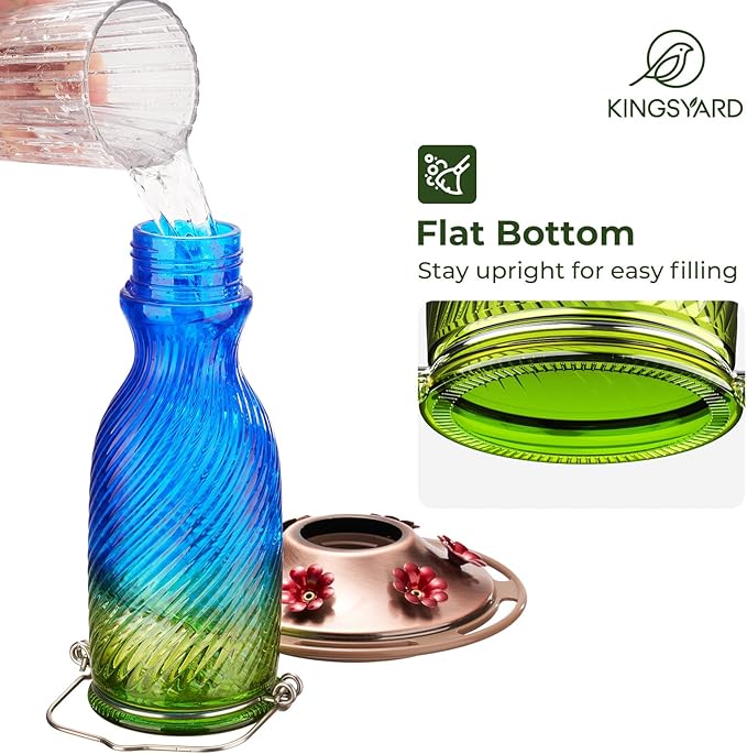 Kingsyard Glass Hummingbird Feeders for Outdoors, 24 oz Hummingbird Nectar Feeder for Outdoors Garden Yard Décor, 6 Feeding Ports, Ant Moat Included, Easy to Clean & Refill, Navy Blue