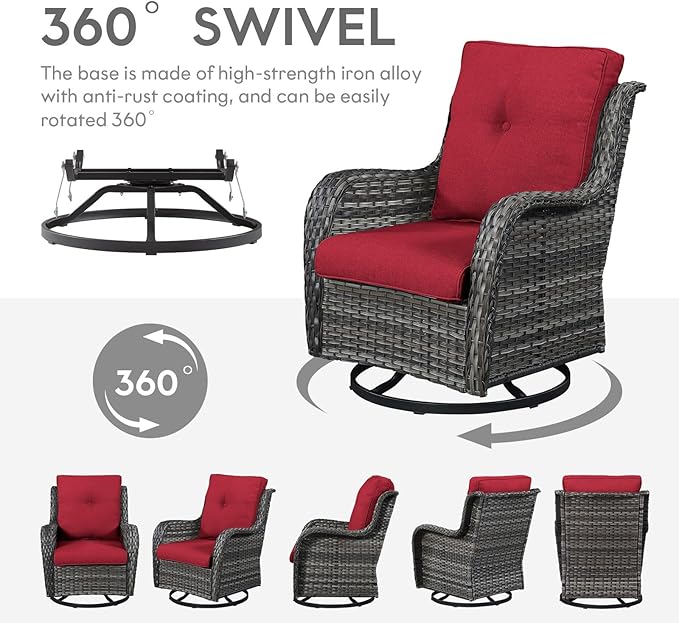 Outdoor Swivel Rocker Wicker Chairs Set of 3, High Back Swivel Patio Chairs Wicker Furniture Set, 2 PCS Rattan Swivel Rocking Chair with Side Table, Red Cushion