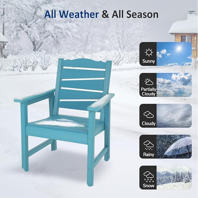 Weatherproof Patio Chair, HIPS Outdoor Dining Chair with Ergonomics Wide Seat, 400lbs Capacity Outdoor Chairs for Garden, Porch, Lawn & Backyard, Lake Blue