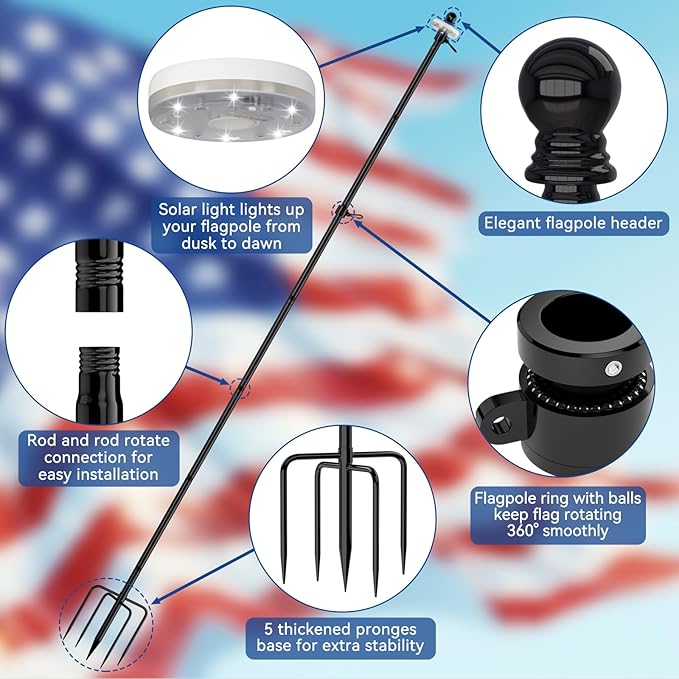 ZMTECH 2 Packs 10 FT Heavy Duty Flag Pole in Ground with Solar Light, Flag Pole Holder for Outside House with Solar Light and 5 Pronges Base, Flag Pole Kit for Outdoor Garden Decor(Without Flag)
