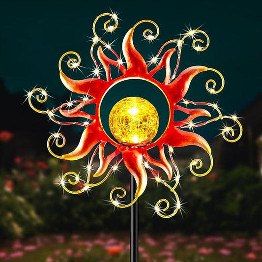 Solar Lights Outdoor Waterproof Red Sun Metal Crackle Glass Stake Decorative for Outside,Yard,Lawn,Patio,Walkway Mothers'Day Gifts Mom Grandma Garden Lover