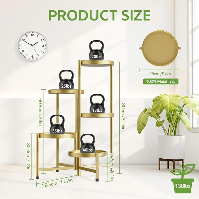 iDavosic.ly 5 Tier Large Plant Stand Indoor, 10 Inch Wide Tall Corner Metal Plant Stands Outdoor for Multiple Plants, Folding Tiered Flower Display Holder Rack Shelf, Gold