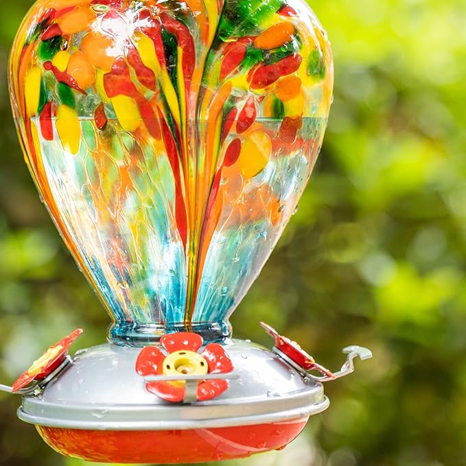 2 Packs Hummingbird Feeder for Outdoors Hanging Ant and Bee Proof, 34OZ Hand Blown Glass Hummingbird Feeders for Outside, Christmas Decoration Gifts for Mom (Blue & Red)