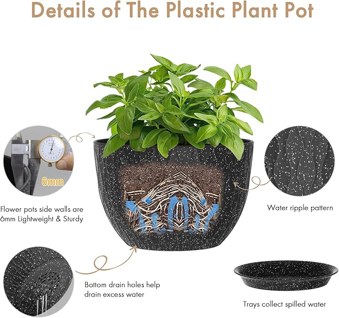 12 Inch Wide Water Ripples Flower Pots for Indoor or Outdoor Plants, Large Plant Pots with Drainage Holes & Saucer, Plastic Planters Set for Garden & Home Decor (Black with White Speckles)