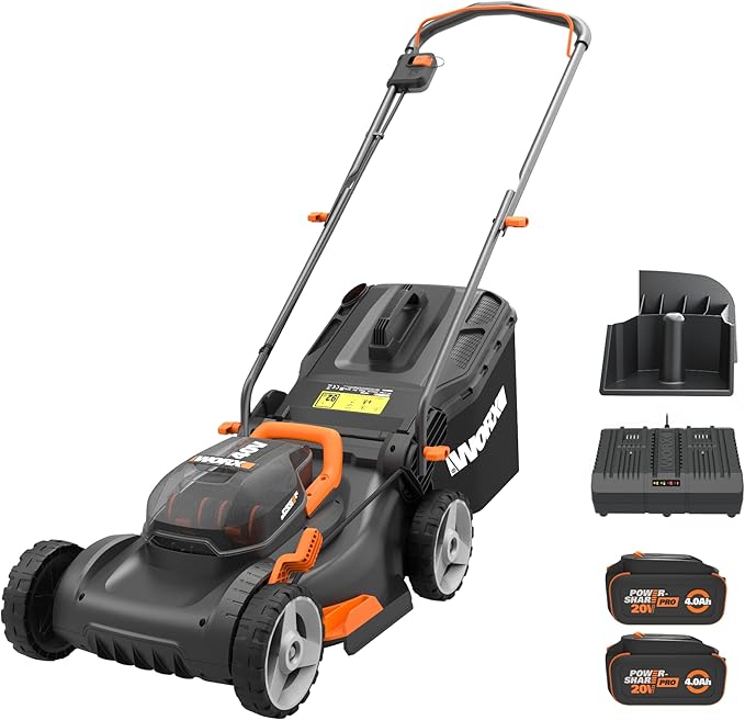 WORX 40V 17" Cordless Lawn Mower for Small Yards, 2-in-1 Electric Mower Cuts Quiet, Compact & Lightweight Push Lawn Mower with 7-Position Height Adjustment – 2 Batteries & Charger Included