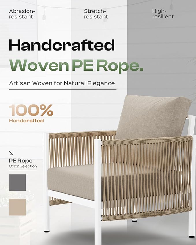 Aluminum Outdoor Sofa Armchair, HDPE Rope Patio Couch with Washable Thick Cushion, All-Weather Outdoor Patio Chairs Set of 2 for Balcony, Yard, White Frame, Ivory