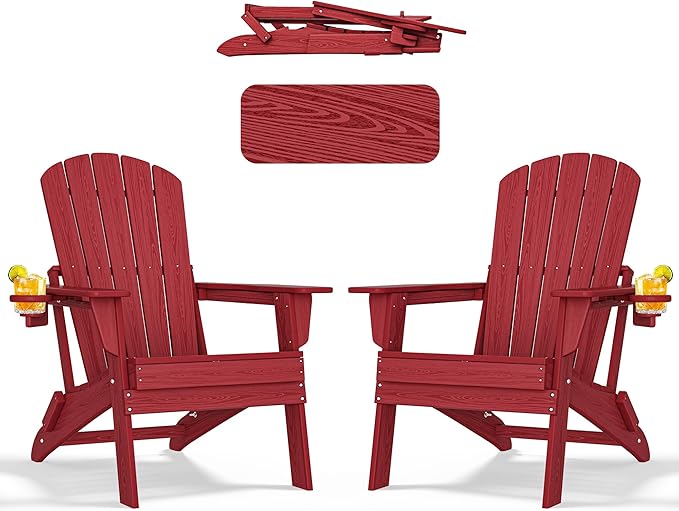Folding Adirondack Chair with Cup Holder Set of 2,HDPE All-Weather Patio Chairs,Plastic Outdoor Chairs- Looks Exactly Like Real Wood- Red