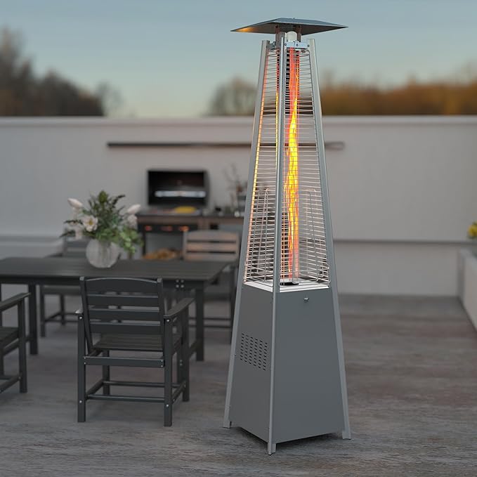 FOOWIN Propane Patio Heater, 48,000 BTU Outdoor Patio Heater with Wheels/Waterproof Cover & Gloves,Silver Grey