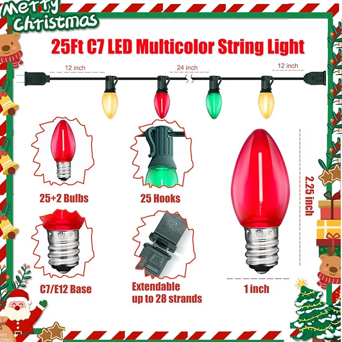 C7 LED Christmas Lights Outdoor, 25FT Clear Red Green and Frosted White Christmas String Lights with 27 LED Energy-Efficient Bulbs, Hanging Christmas Decorations Lights for Party Patio Garden Yard