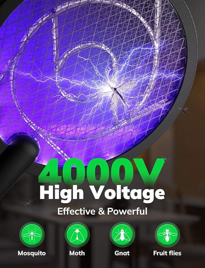 YISSVIC Electric Fly Swatter Bug Zapper Racket 4000V LED Screen Dual Modes Fly Zapper Rechargeable for Indoor Home Office Backyard Patio Camping