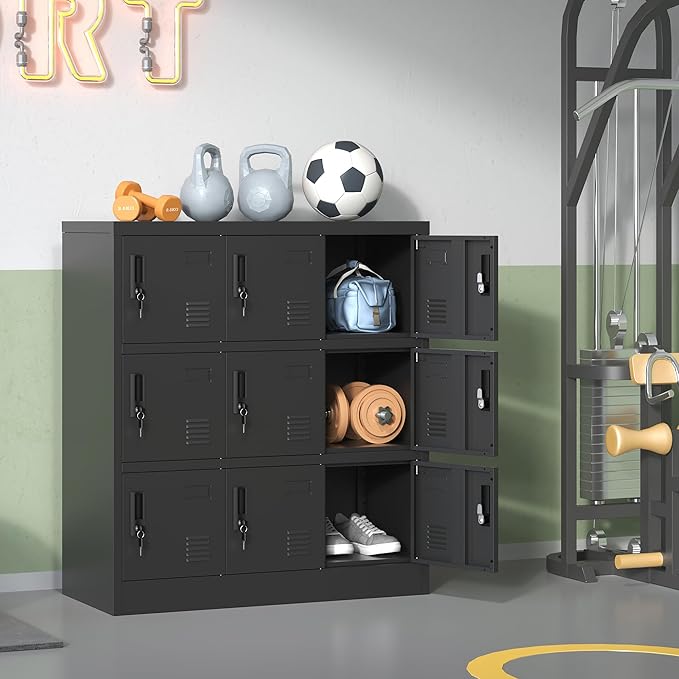 Metal Lockers for Employees,Office Storage Locker with 9 Doors Black,Employee Locker with Lock and Card Slot,Steel Staff Locker Storage Cabinet for Gym Home School Garage,Assembly Required