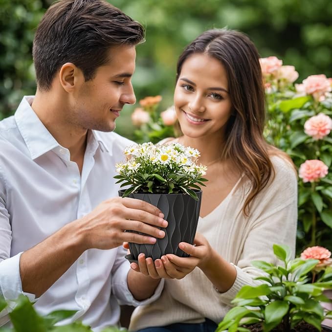 7 inch Plant Pots for Indoor Outdoor Plants, 5 Pack Thick Nursery Pots with Drainage Holes and Saucers, 3D Modern Wave Texture Plastic Planter Pots for Flowers and House Plants, Black