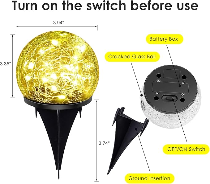 Solar Garden Lights, 4 Pack 120 LED Warm White Cracked Glass Outdoor Decorative, Upgraded Waterproof Ball for Yard Pathway Patio Lawn Christmas Outside Decor, 3.94"
