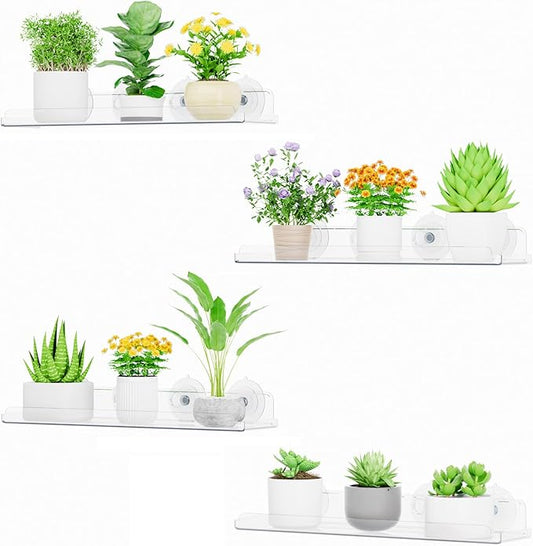 Lifewit Window Plant Floating Shelves 15 inch, 4 Pack Acrylic Suction Cup Shelf, Window Sill Extender for Indoor Succulent Plants, Micro Greens, Seed Starter Pots, Herb Planters