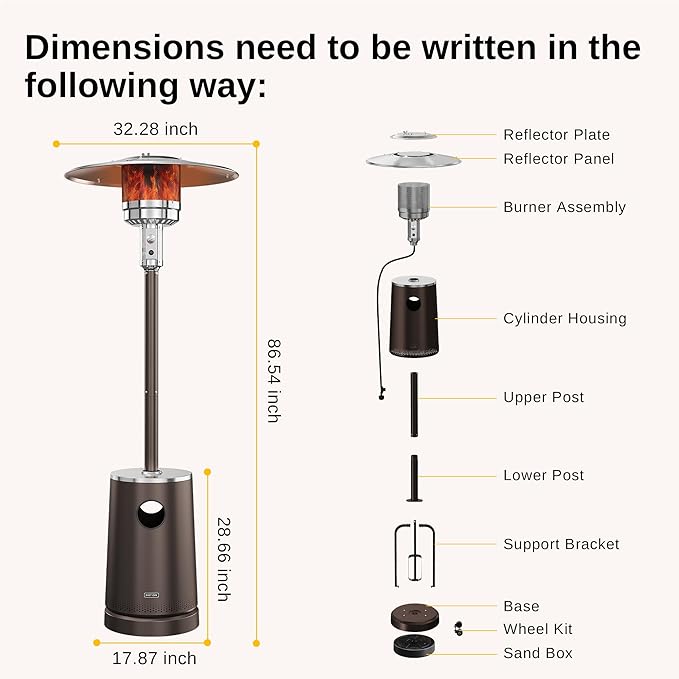 EAST OAK 55,000 BTU Patio Heater with Sand Box, Table Design, Thicker Stainless Steel Burner, Wheels, Triple Protection System, Propane Outdoor Heater for Home and Residential, Commercial Grade, Brown