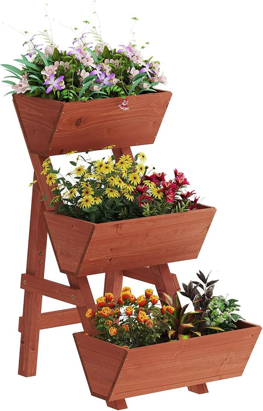 3-Tiers Wooden Raised Garden Bed,Wood Planter Box for Vegetable,Flower Rack,Flower Pot Stands,Indoor Outdoor Gardening Planting Beds (Brick red, Small)