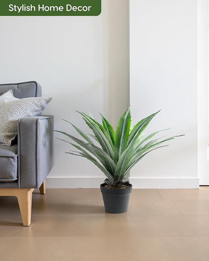 Velener Artificial Agave Plant in Black Pot with Real Stone Pebbles, Large Fake Agave Plants with Green Serrated Leaves, Faux Yucca for Indoor and Outdoor Decor-27 Inches Tall, 29 Leaves